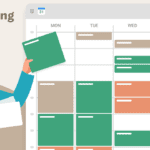 Ilustración de una persona sosteniendo un calendario y una tarjeta, de pie junto a un calendario digital grande. El calendario está lleno de bloques verdes y naranjas, que indican diferentes bloques de tiempo. El texto de la izquierda dice "Bloqueo de tiempo 101.