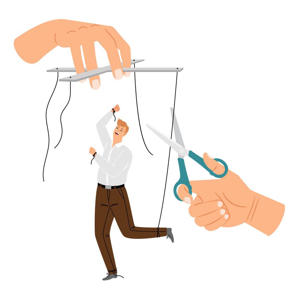 Una ilustración muestra a un hombre manipulado como una marioneta, controlado por una mano grande que sostiene un controlador de marioneta. Otra mano está preparada para cortar los hilos del títere con unas tijeras, simbolizando la posible liberación del control del hombre.